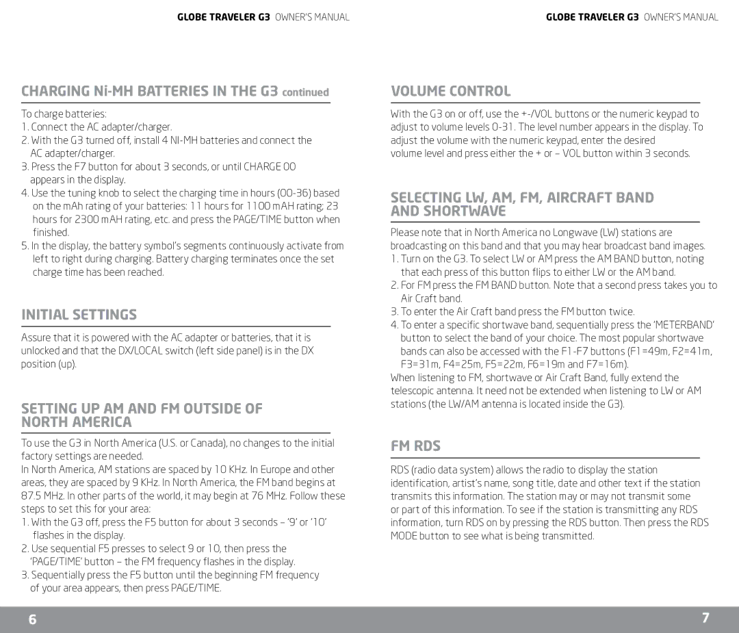 Eton G3 owner manual Initial Settings, Setting UP AM and FM Outside North America, Volume Control, Fm Rds 