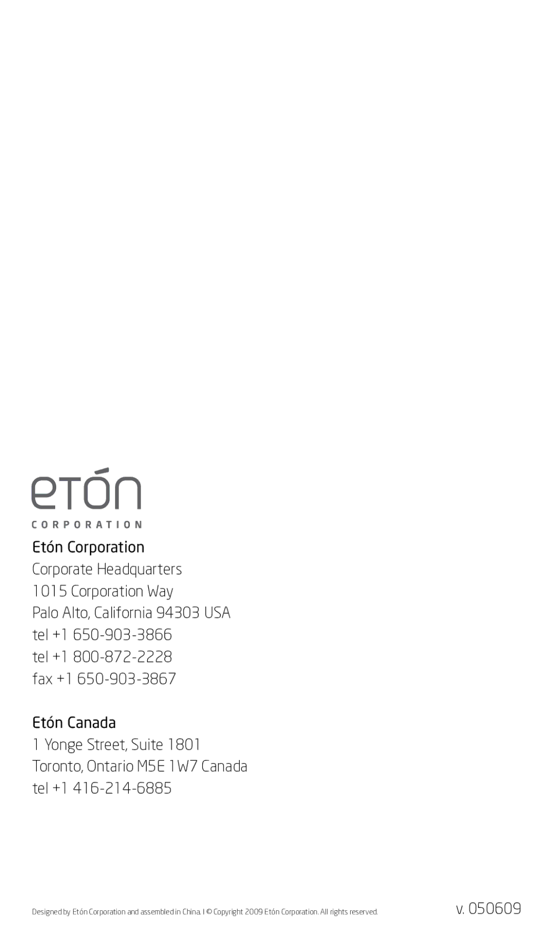 Eton G3 owner manual Etón Corporation Corporate Headquarters 1015 Corporation Way 