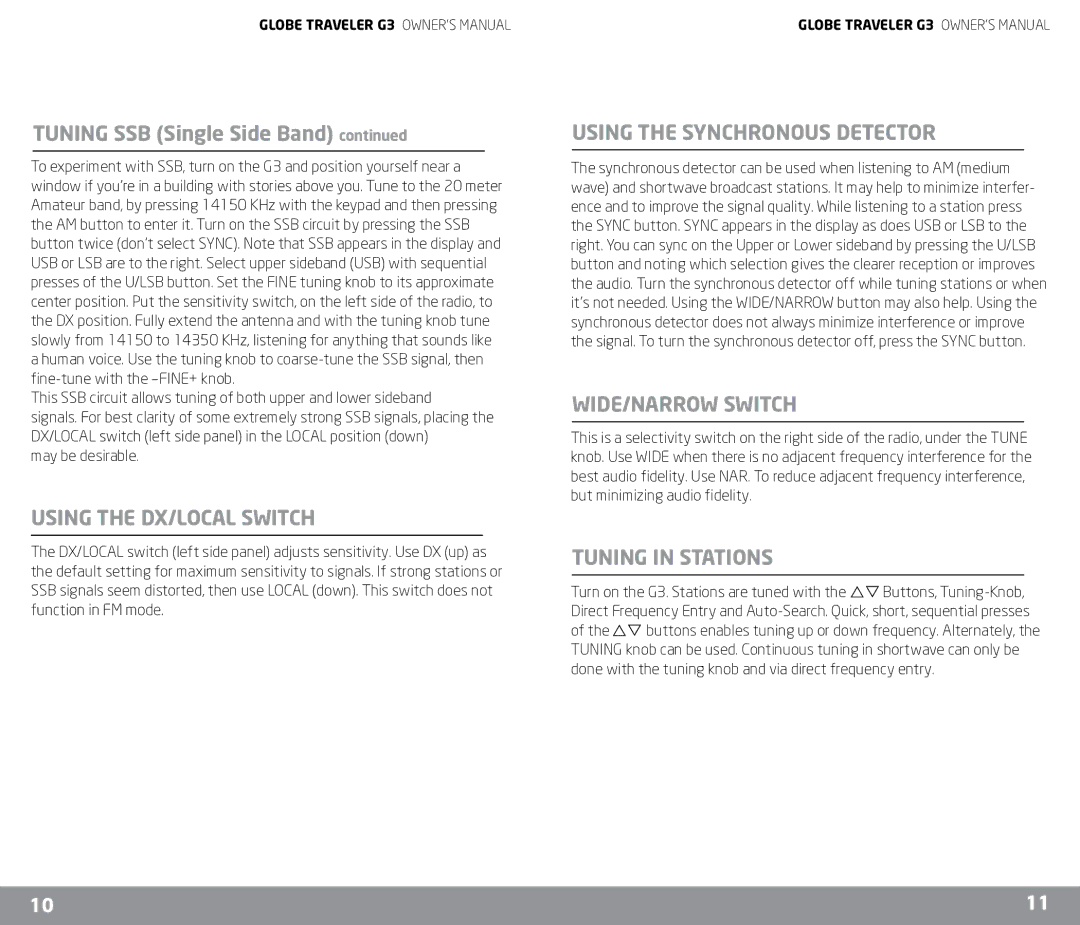 Eton G3 owner manual Using the DX/LOCAL Switch, Using the Synchronous Detector, WIDE/NARROW Switch, Tuning in Stations 