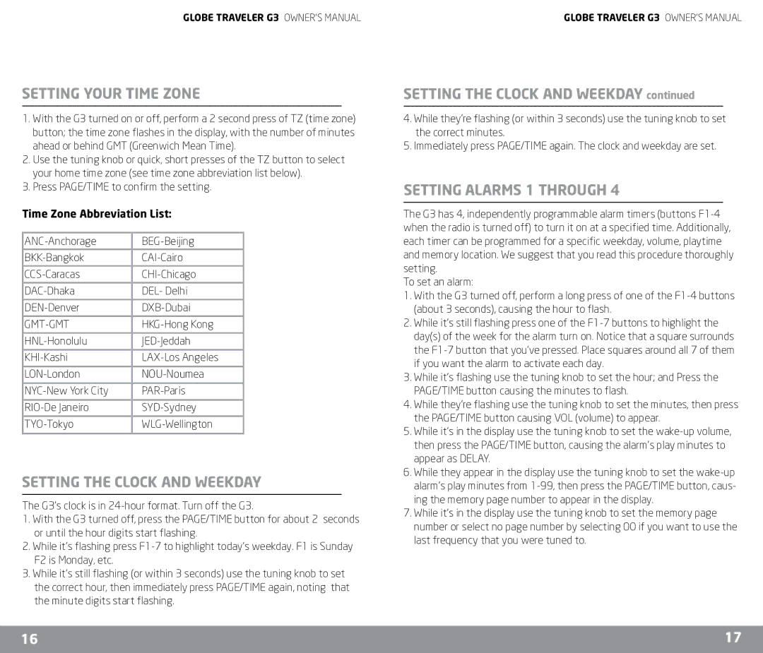 Eton G3 Setting Your Time Zone, Setting the Clock and Weekday, Setting Alarms 1 Through, Time Zone Abbreviation List 