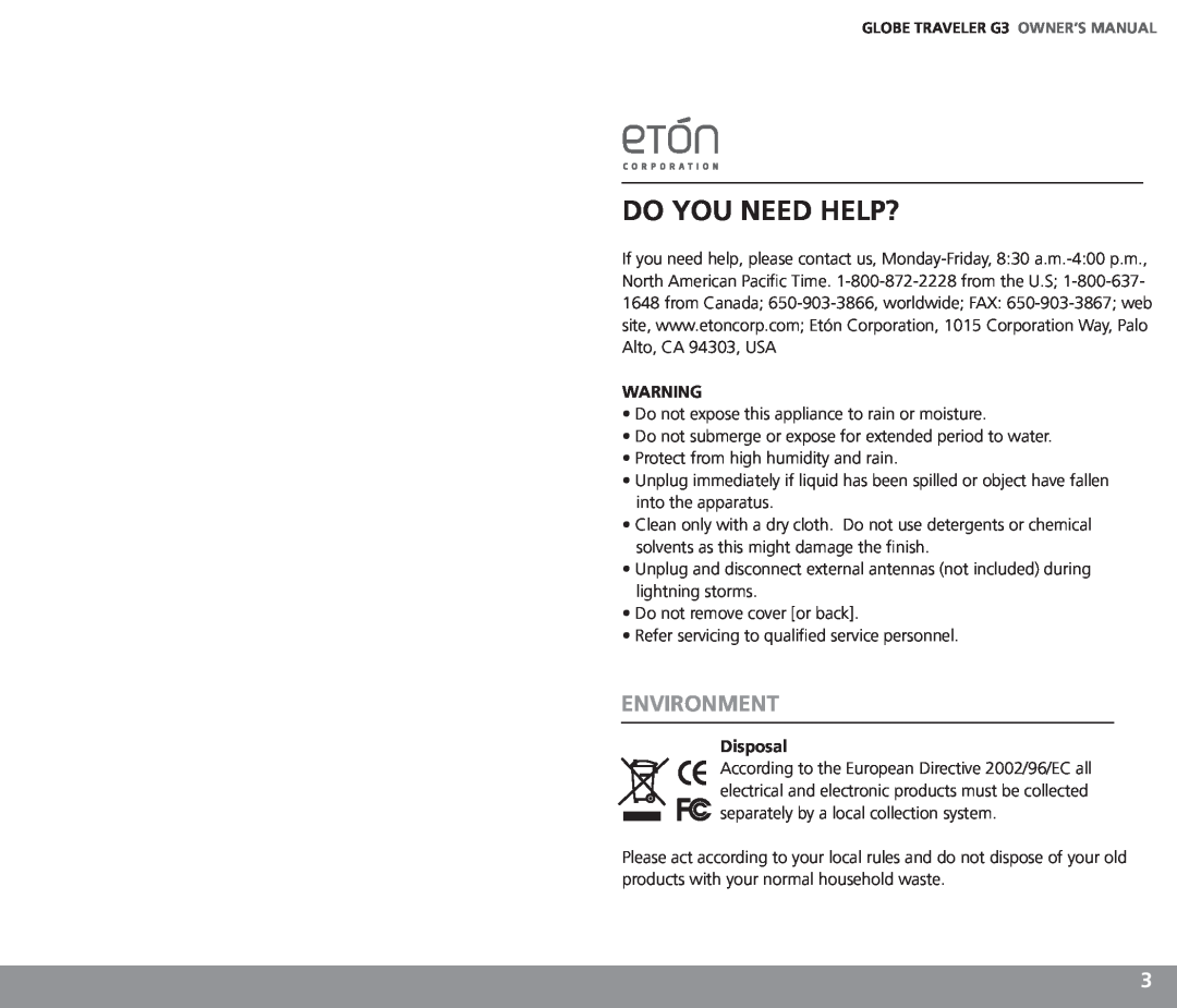 Eton G3 owner manual Do You Need Help?, Environment, Disposal 