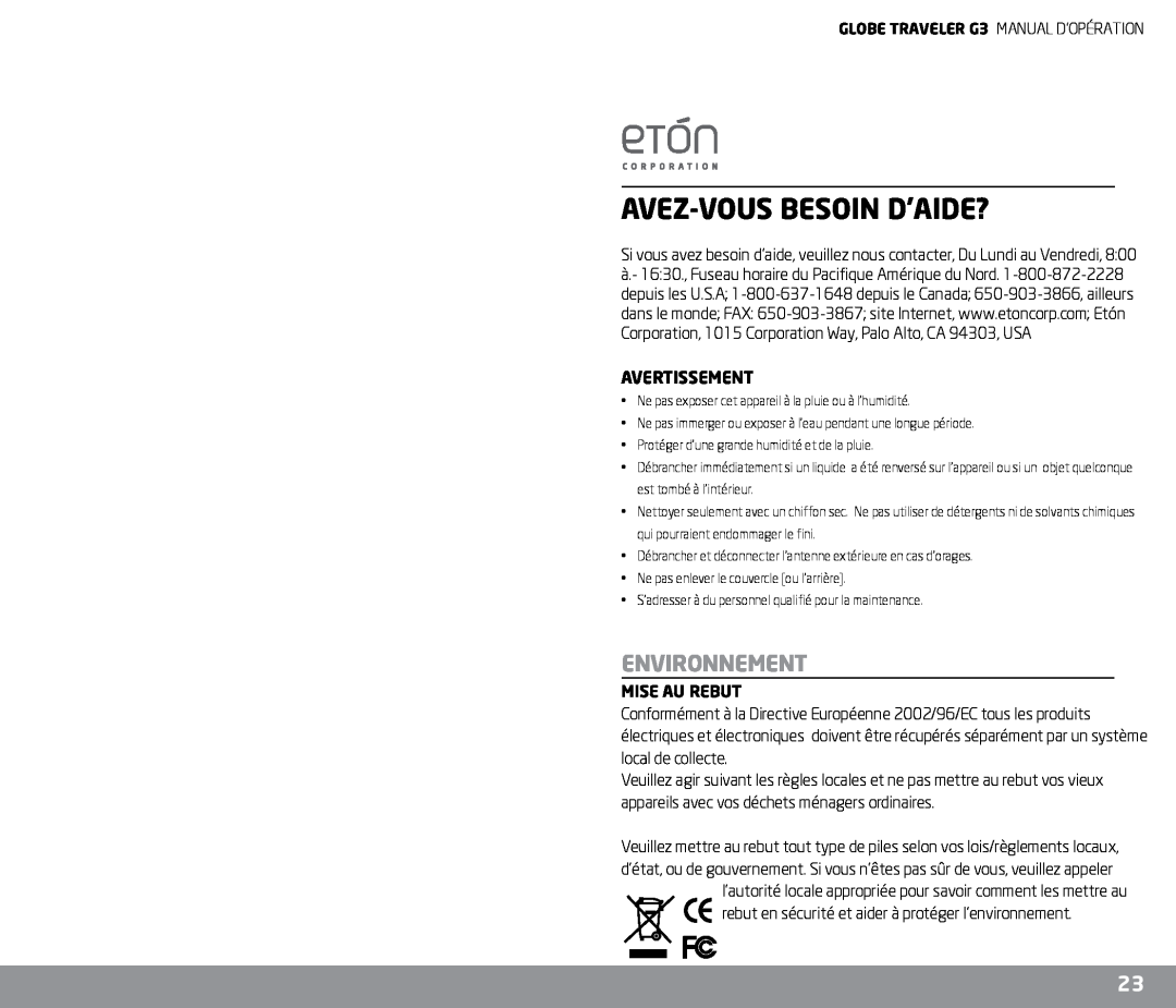 Eton G3 owner manual Avez-Vousbesoin D’Aide?, Environnement, Avertissement, Mise Au Rebut 