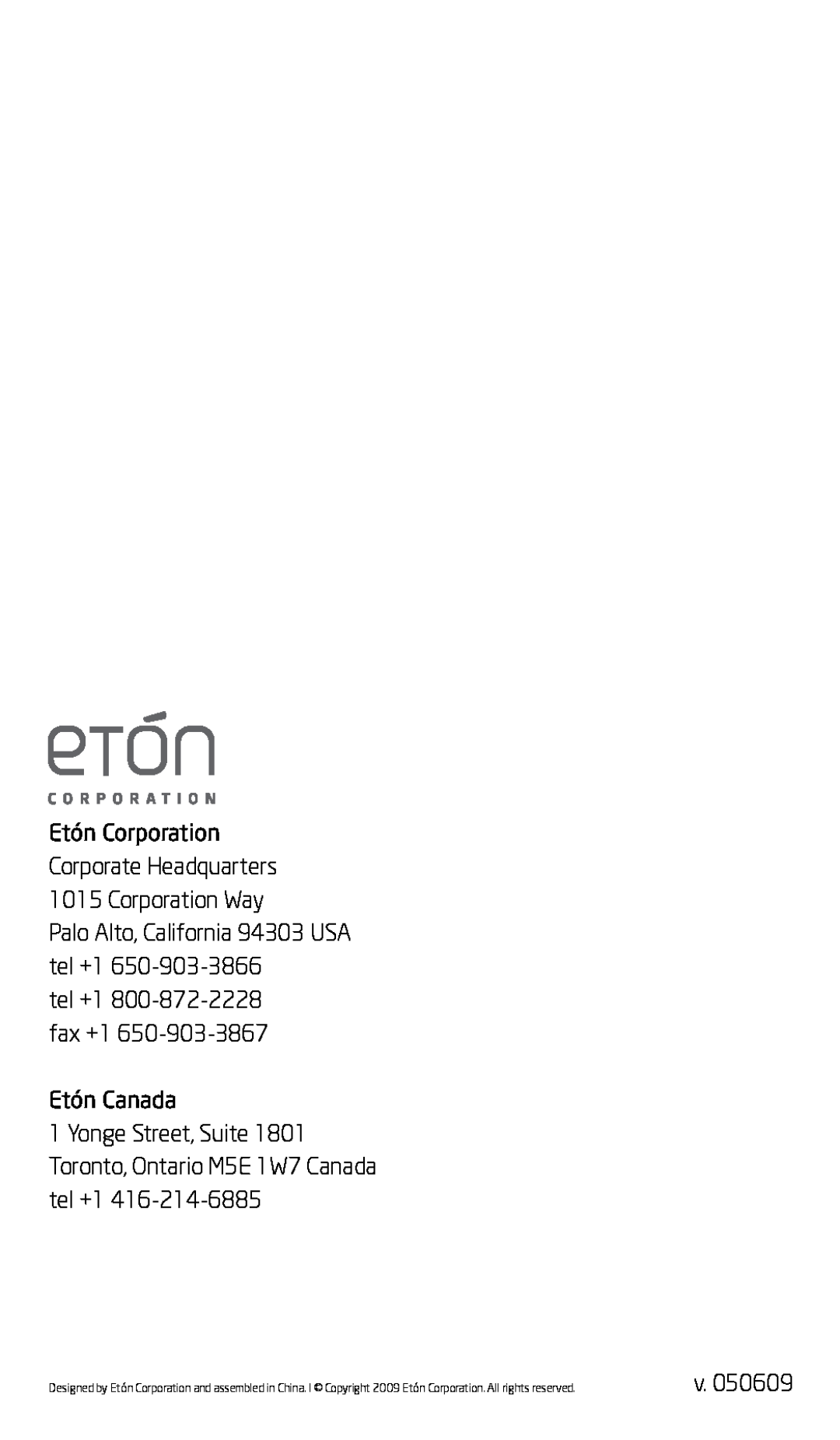 Eton G3 owner manual Palo Alto, California 94303 USA tel +1, tel +1 800-872-2228fax +1 Etón Canada 