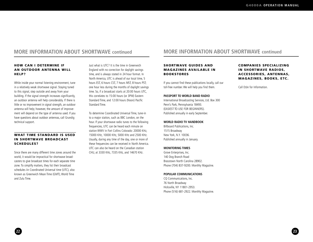 Eton G4000A HOW can I Determine if AN Outdoor Antenna will HELP?, Passport to World Band Radio, World Radio TV Handbook 