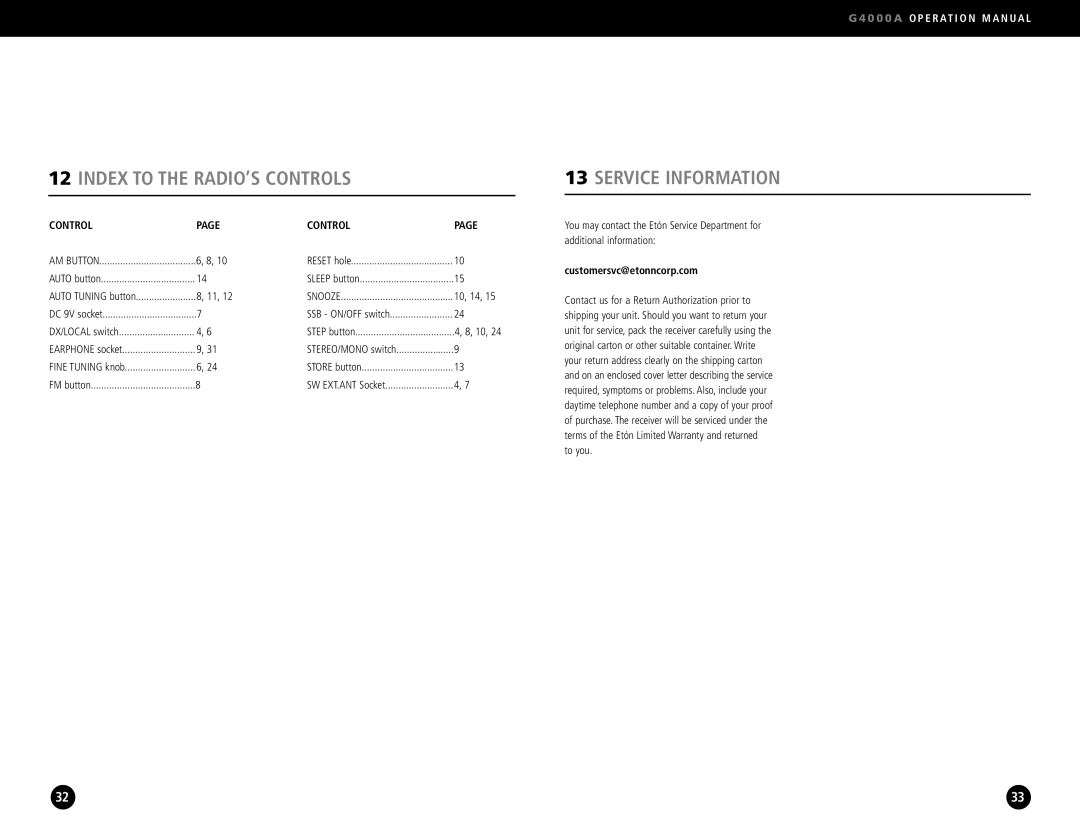 Eton G4000A operation manual Index to the RADIO’S Controls Service Information, Customersvc@etonncorp.com 