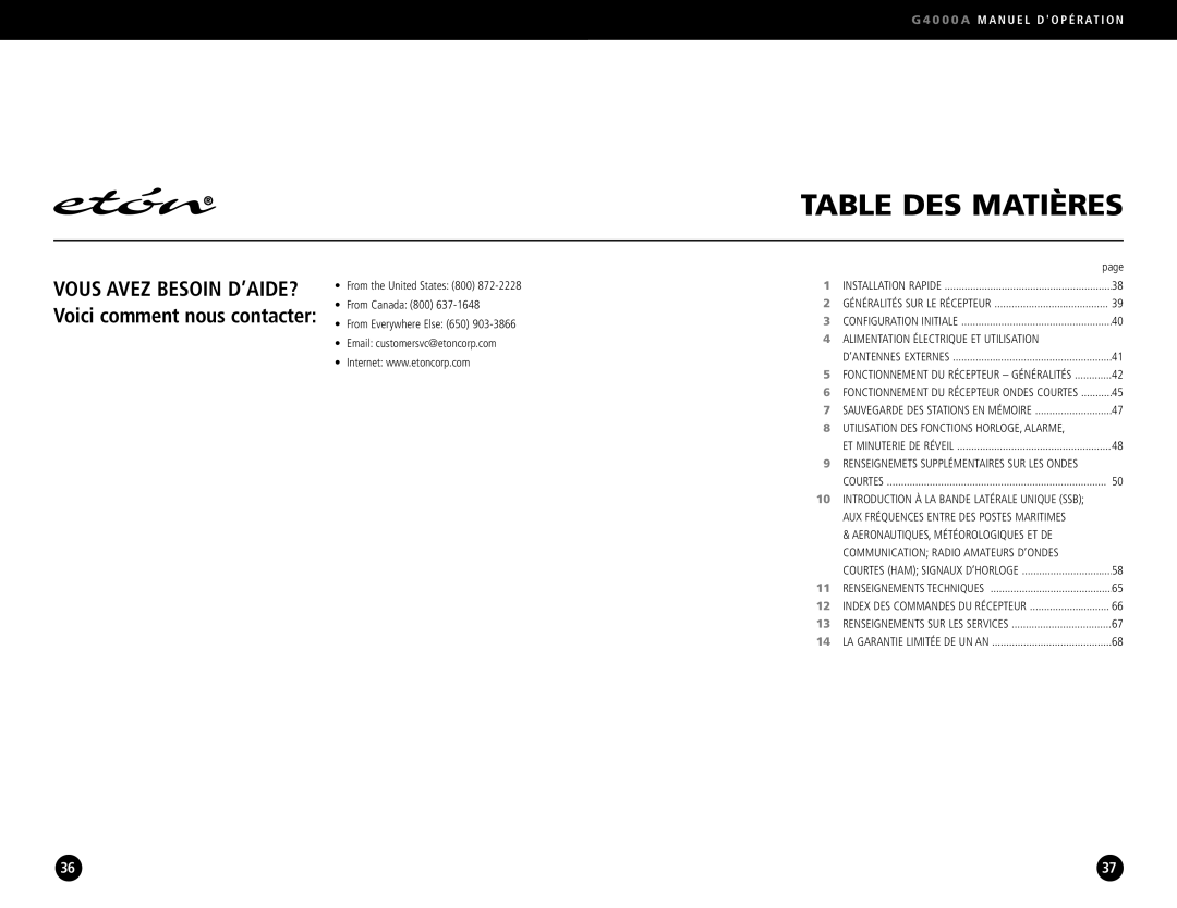 Eton G4000A operation manual Table DES Matières 