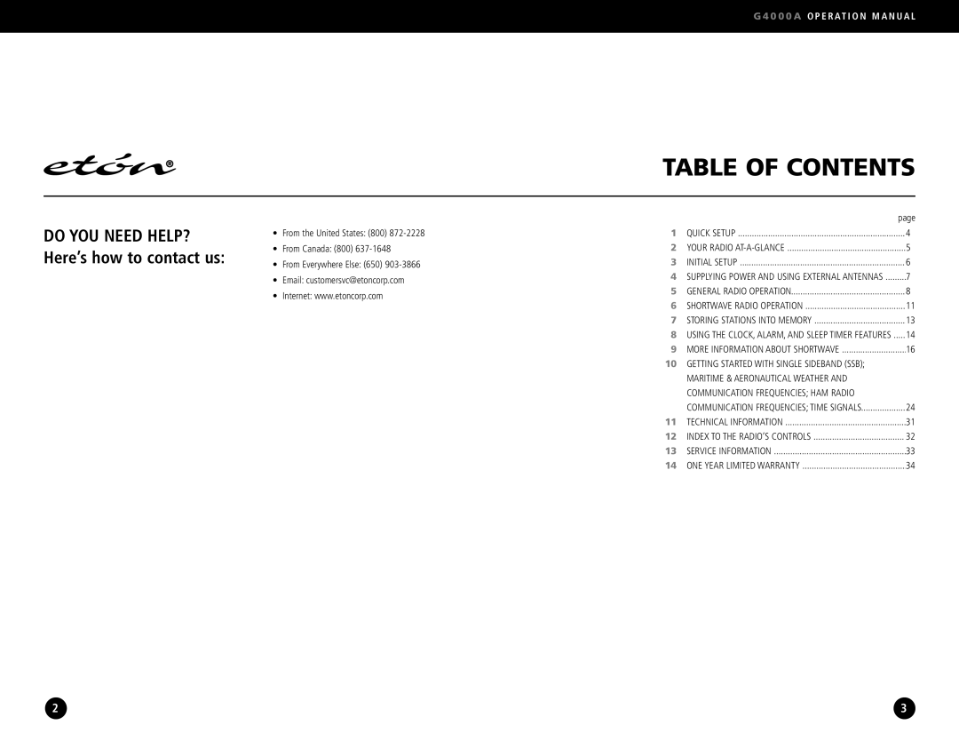 Eton G4000A operation manual Table of Contents 