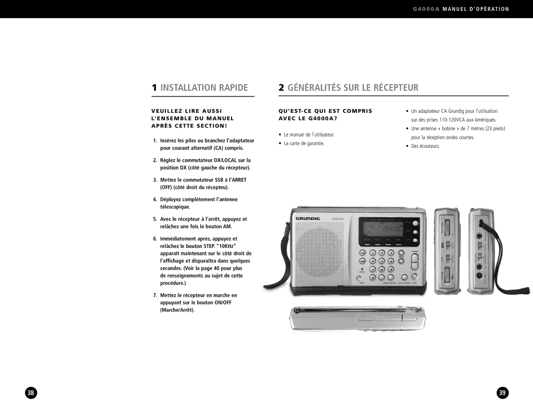 Eton G4000A Installation Rapide Généralités SUR LE Récepteur, Déployez complètement l’antenne télescopique, Des écouteurs 