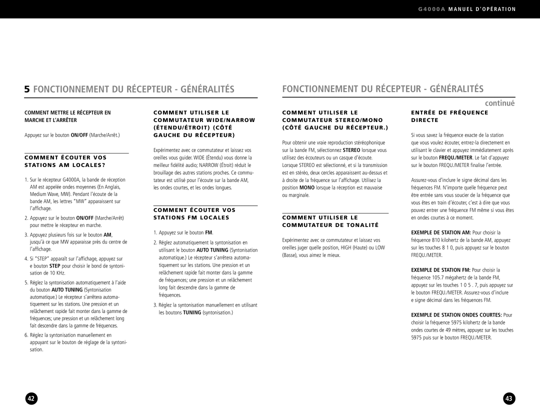 Eton G4000A Fonctionnement DU Récepteur Généralités, Comment Écouter VOS Stations AM LOCALES?, Entrée DE Fréquence Directe 