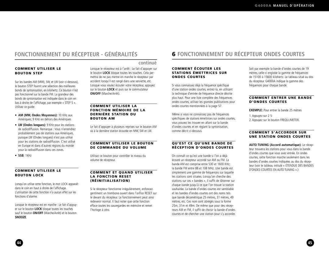 Eton G4000A operation manual Comment Utiliser LE Bouton Step, Comment Utiliser LE Bouton Lock, Snooze 