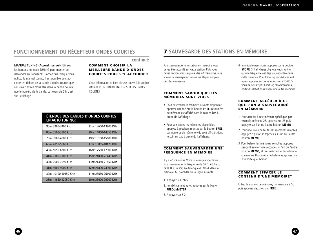 Eton G4000A operation manual Sauvegarde DES Stations EN Mémoire 