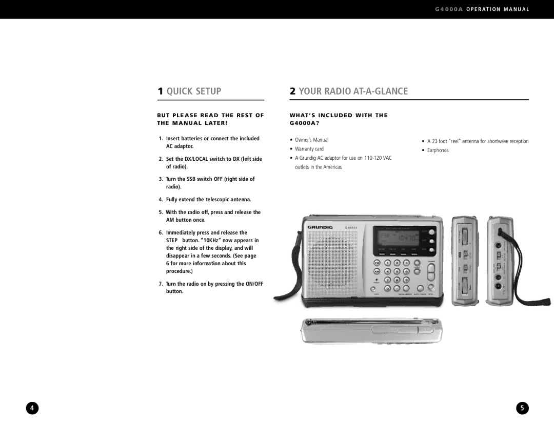 Eton G4000A Quick Setup, Your Radio AT-A-GLANCE, But Please Read the Rest of the Manual Later, WHAT’S Included with 