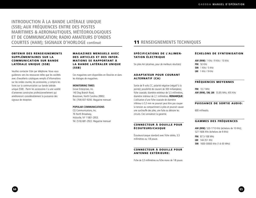 Eton G4000A operation manual Renseignements Techniques 