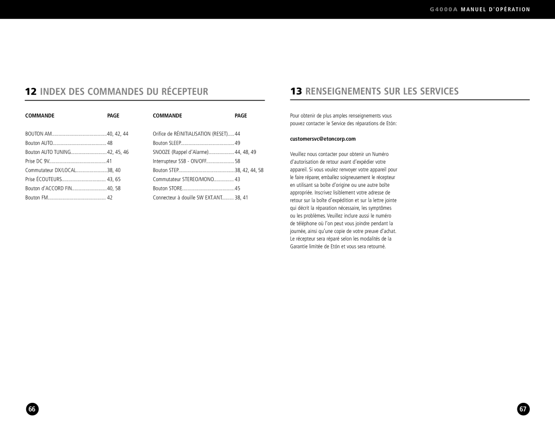 Eton G4000A operation manual Commande, 44, 48, Customersvc@etoncorp.com 