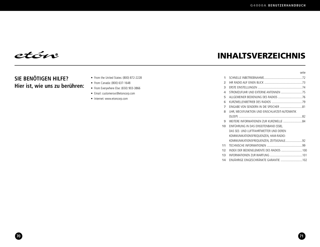 Eton G4000A operation manual Inhaltsverzeichnis 