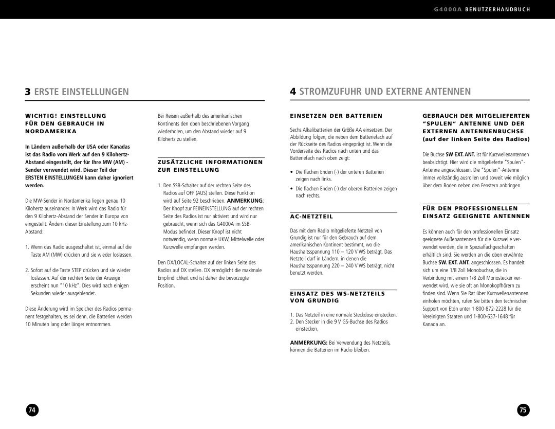 Eton G4000A operation manual Erste Einstellungen Stromzufuhr UND Externe Antennen 