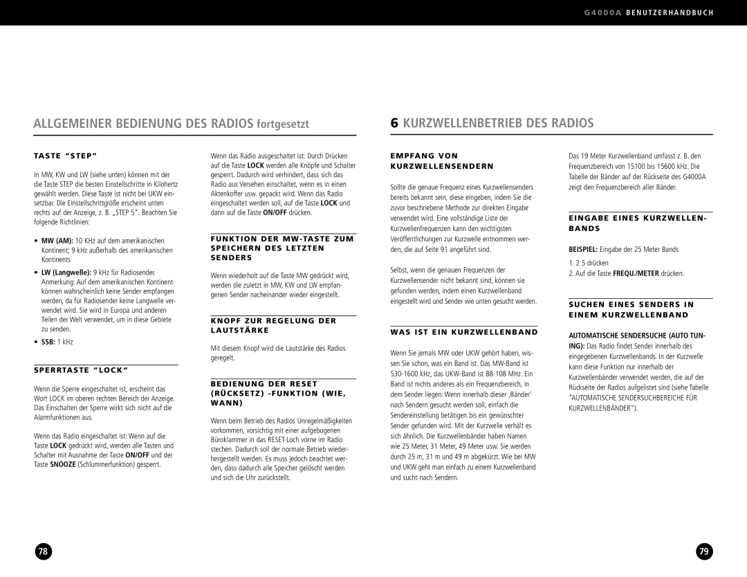 Eton G4000A operation manual Kurzwellenbetrieb DES Radios 