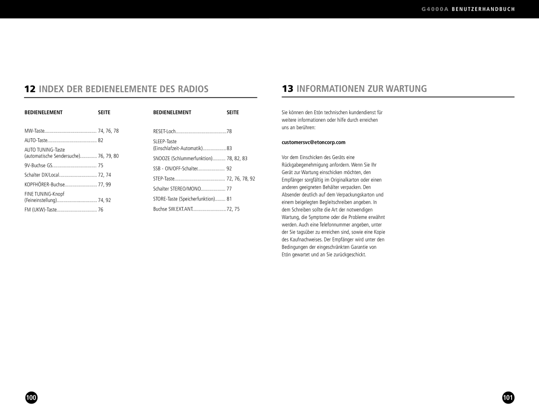 Eton G4000A operation manual Bedienelement Seite, Auto TUNING-Taste, Fine TUNING-Knopf, SLEEP-Taste, 78, 82 