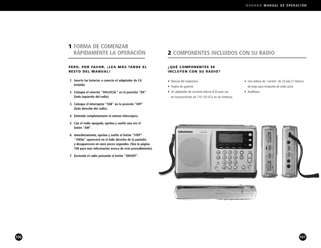 Eton G4000A operation manual Componentes Incluidos CON SU Radio, PERO, POR FAVOR, ¡LEA MÁS Tarde EL Resto DEL Manual 