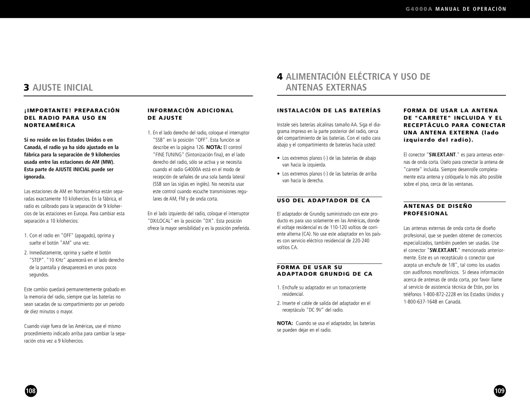 Eton G4000A operation manual ¡IMPORTANTE! Preparación DEL Radio Para USO EN Norteamérica, Información Adicional DE Ajuste 