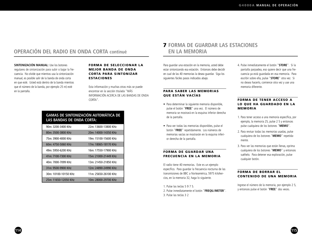 Eton G4000A operation manual Operación DEL Radio EN Onda Corta continué, Forma DE Guardar LAS Estaciones EN LA Memoria 