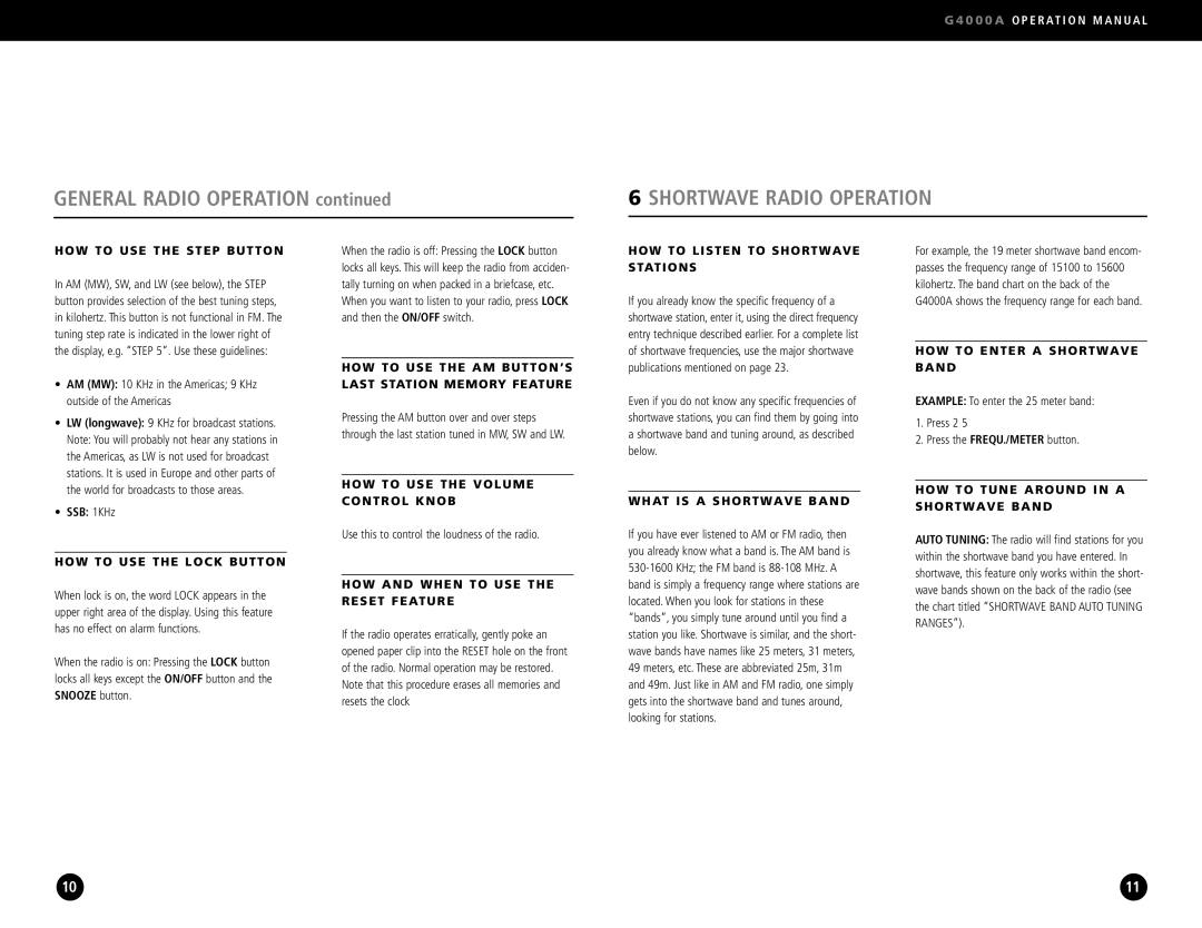 Eton G4000A operation manual Shortwave Radio Operation 