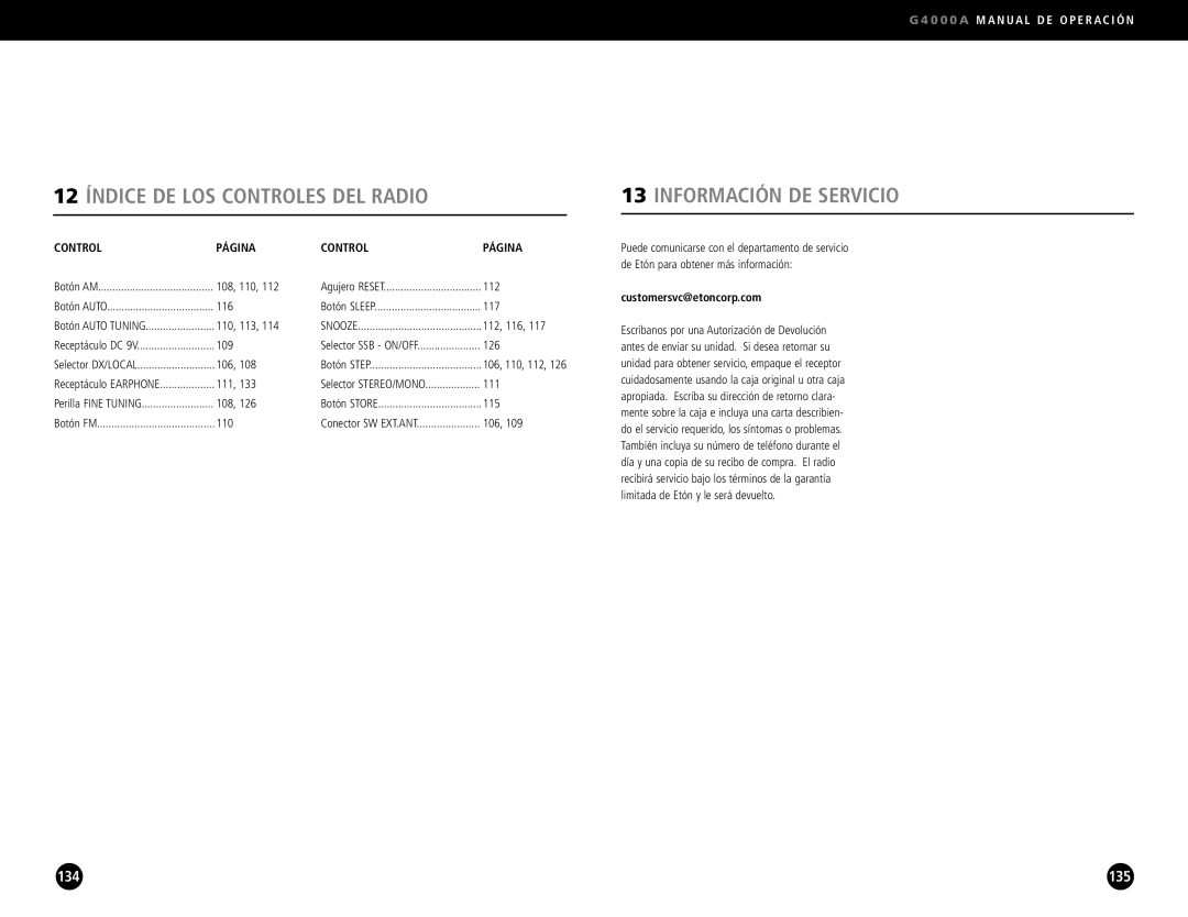 Eton G4000A operation manual 12 Índice DE LOS Controles DEL Radio, Control Página 