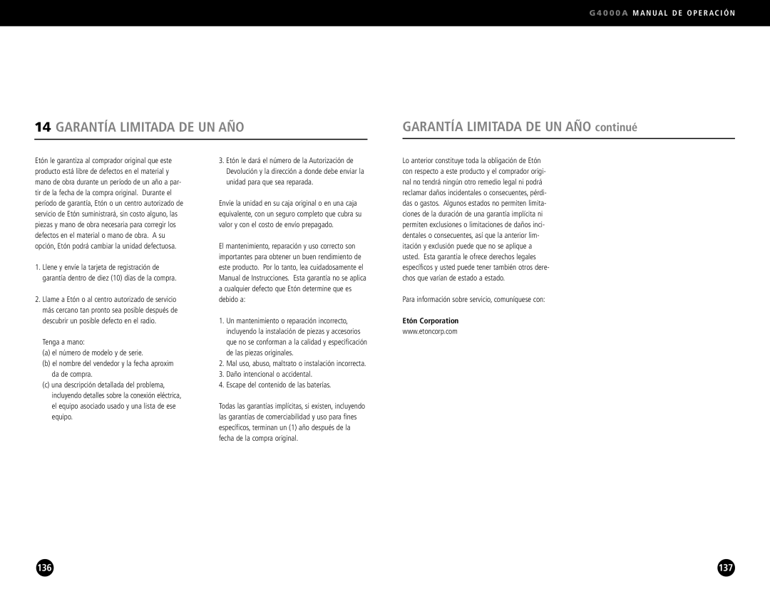 Eton G4000A operation manual Garantía Limitada DE UN AÑO, Para información sobre servicio, comuníquese con 