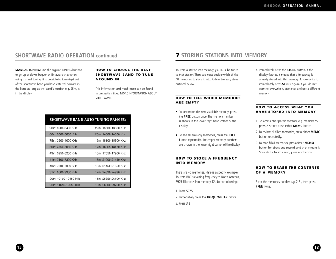 Eton G4000A operation manual Shortwave Radio Operation, Storing Stations Into Memory 