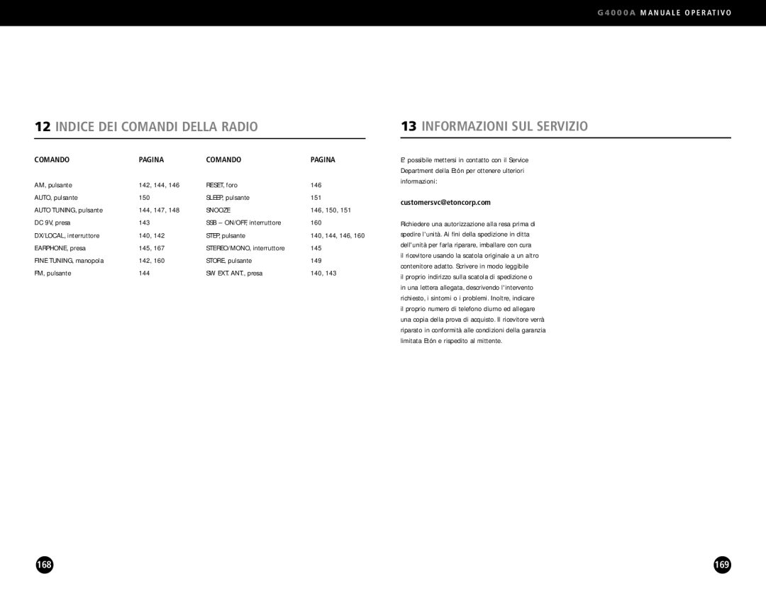 Eton G4000A operation manual Indice DEI Comandi Della Radio, Comando Pagina 