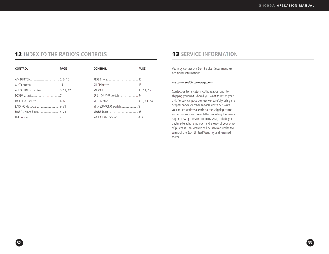 Eton G4000A operation manual Index to the RADIO’S Controls Service Information, Customersvc@etonncorp.com 