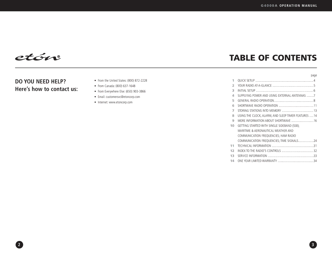 Eton G4000A operation manual Table of Contents 