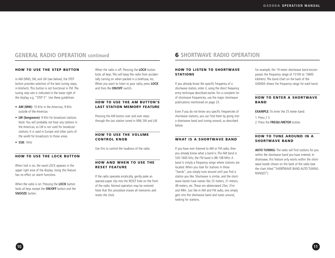 Eton G4000A operation manual Shortwave Radio Operation 