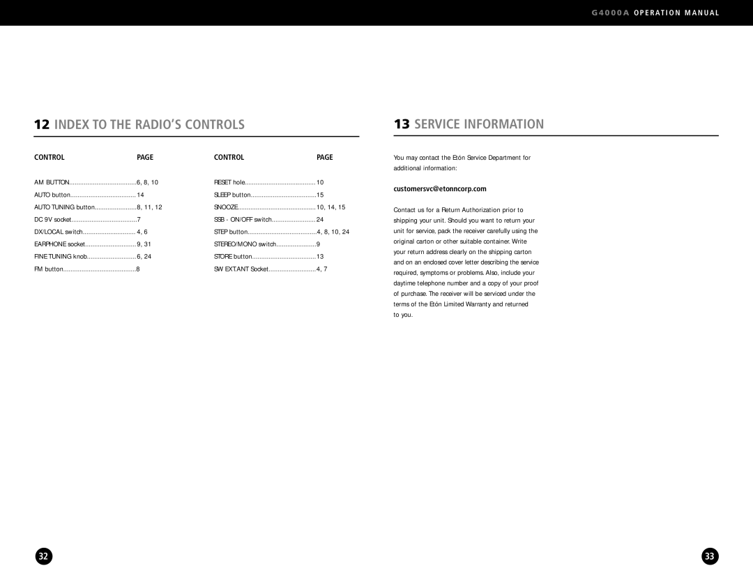 Eton G4000A operation manual Index to the RADIO’S Controls Service Information, Customersvc@etonncorp.com 