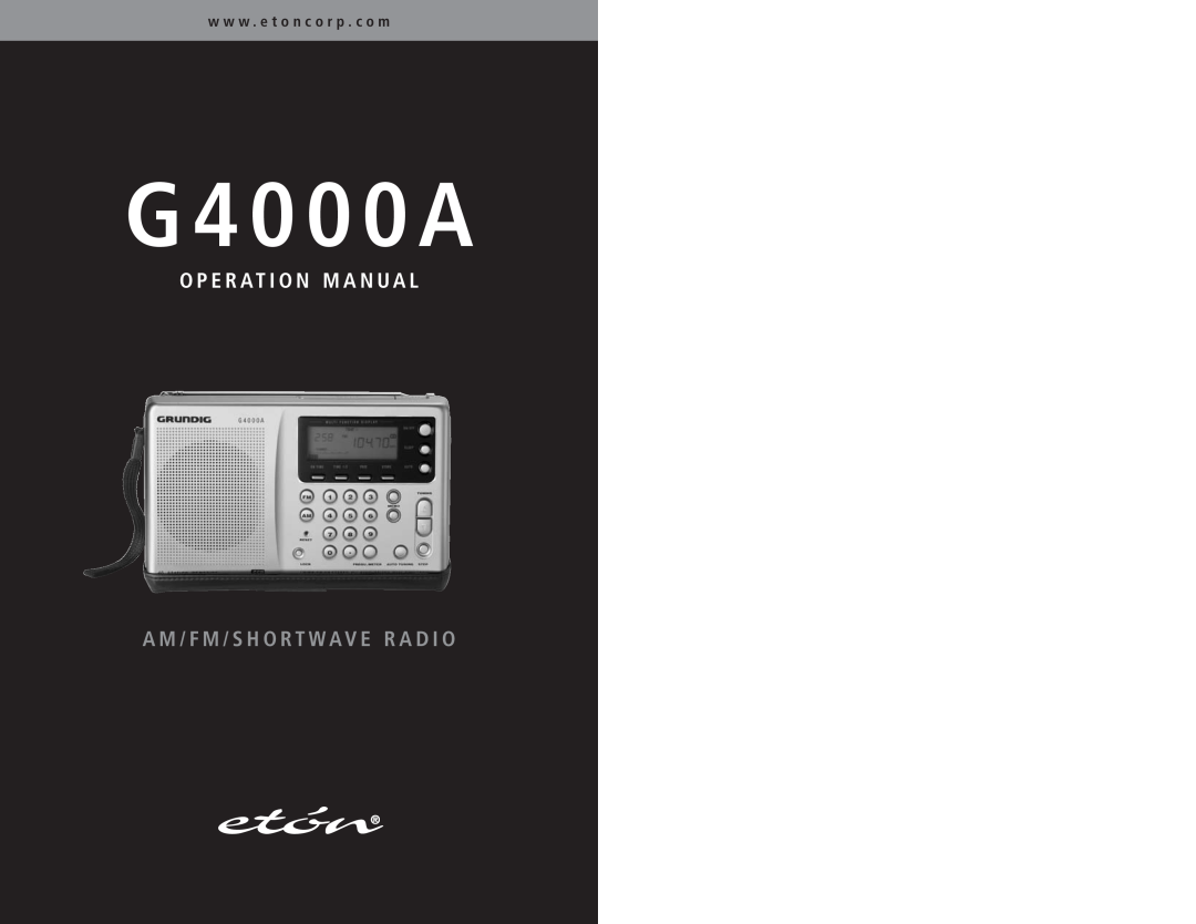 Eton G4000A operation manual Am /Fm /S H Or T Wa Ve Rad I O, O Pe Ration M Anu A L, w w w. et on cor p. com 