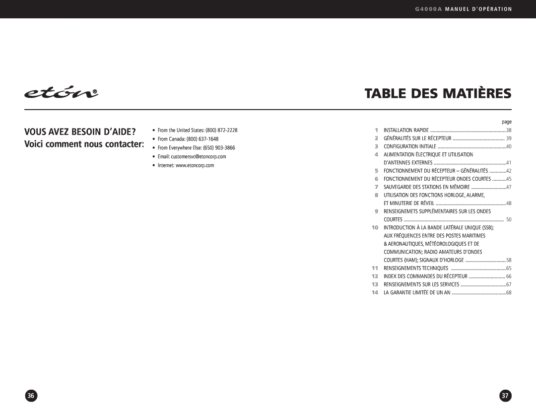 Eton G4000A operation manual Table Des Matières, G 4 0 0 0 A M A N U E L D O P É R AT I O N 