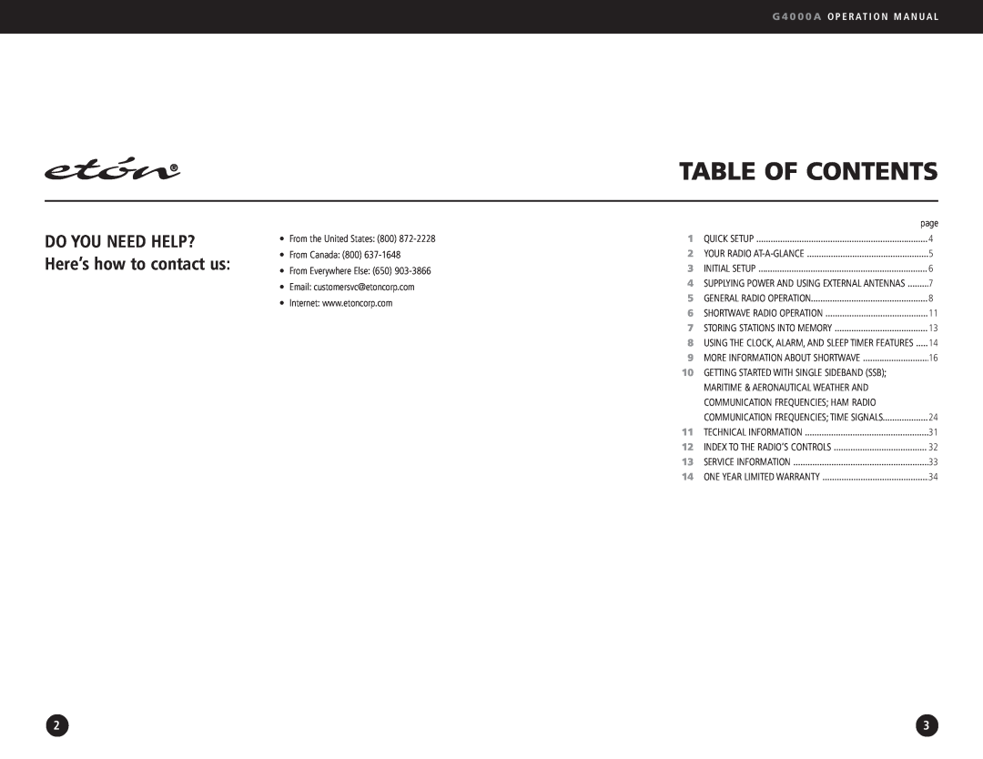 Eton G4000A Table Of Contents, DO YOU NEED HELP? Here’s how to contact us, G 4 0 0 0 A O P E R AT I O N M A N U A L 