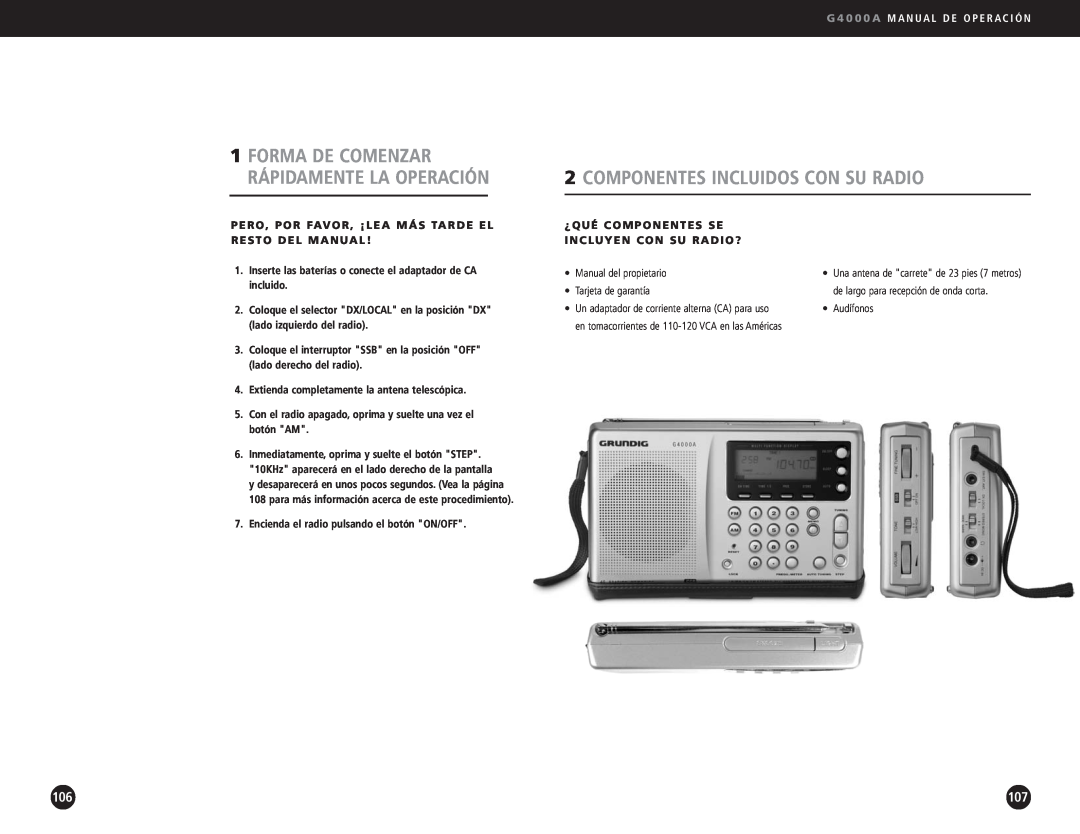 Eton G4000A operation manual Componentes Incluidos Con Su Radio, Forma De Comenzar Rápidamente La Operación 