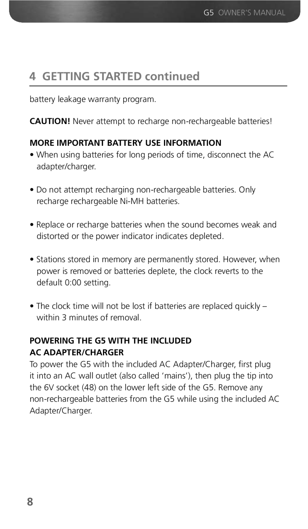 Eton Getting Started, More Important Battery USE Information, Powering the G5 with the Included AC ADAPTER/CHARGER 