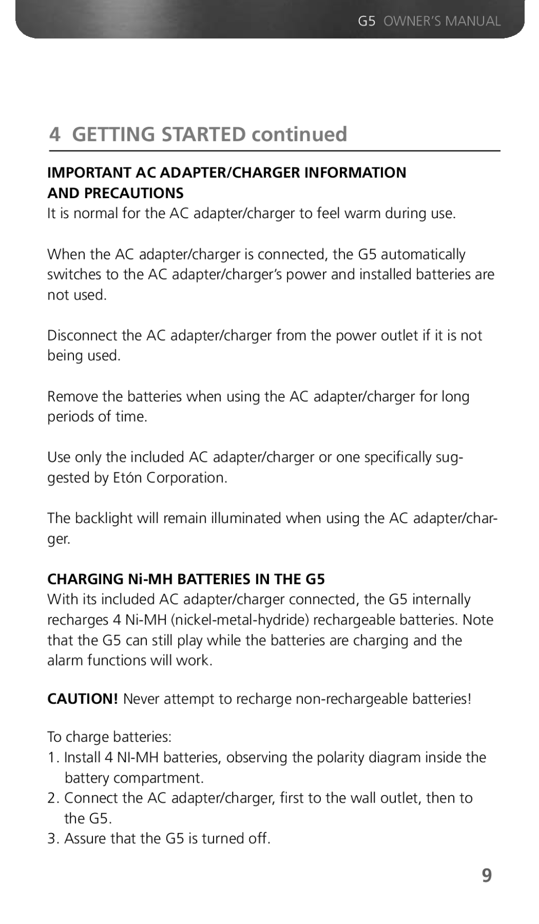 Eton owner manual Important AC ADAPTER/CHARGER Information and Precautions, Charging Ni-MH Batteries in the G5 