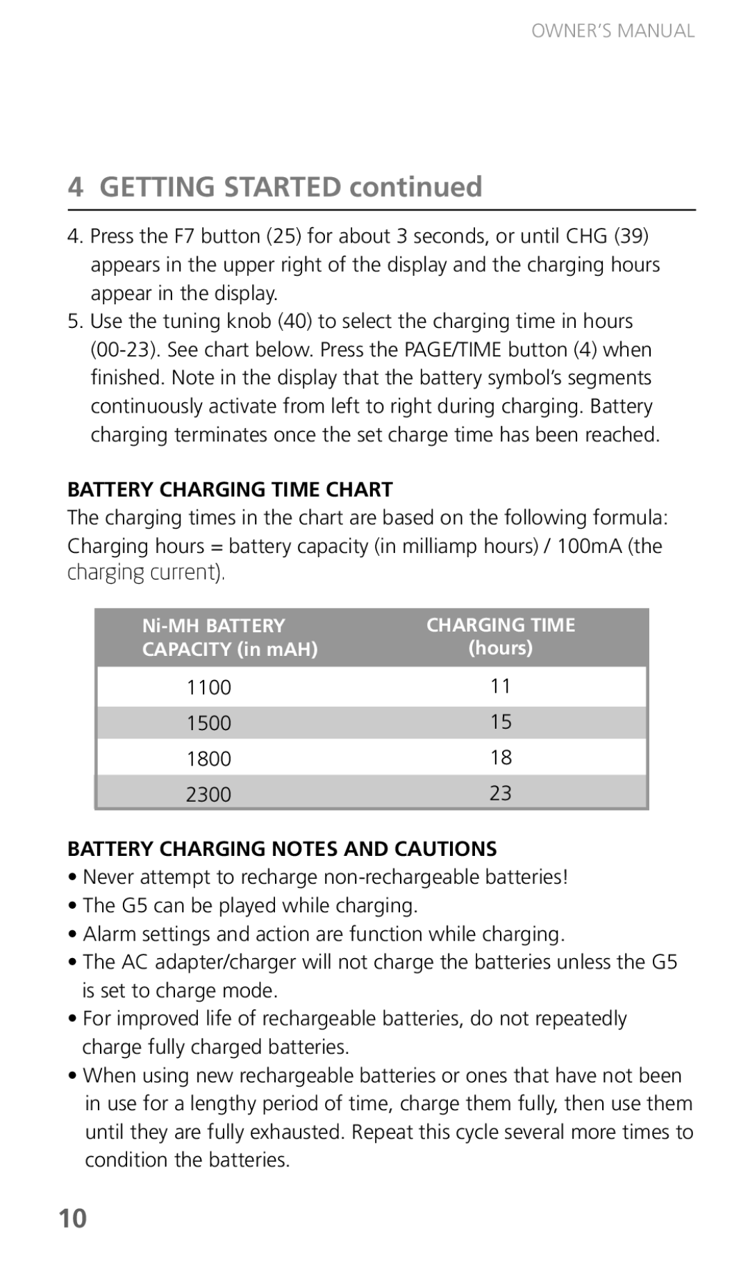 Eton G5 owner manual Battery Charging Time Chart, Battery Charging Notes and Cautions 