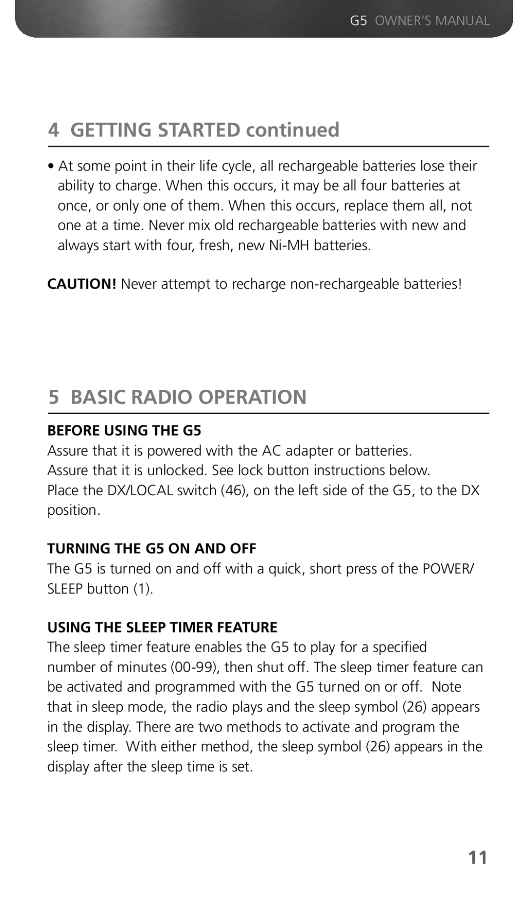 Eton owner manual Basic Radio Operation, Before Using the G5, Turning the G5 on and OFF, Using the Sleep Timer Feature 