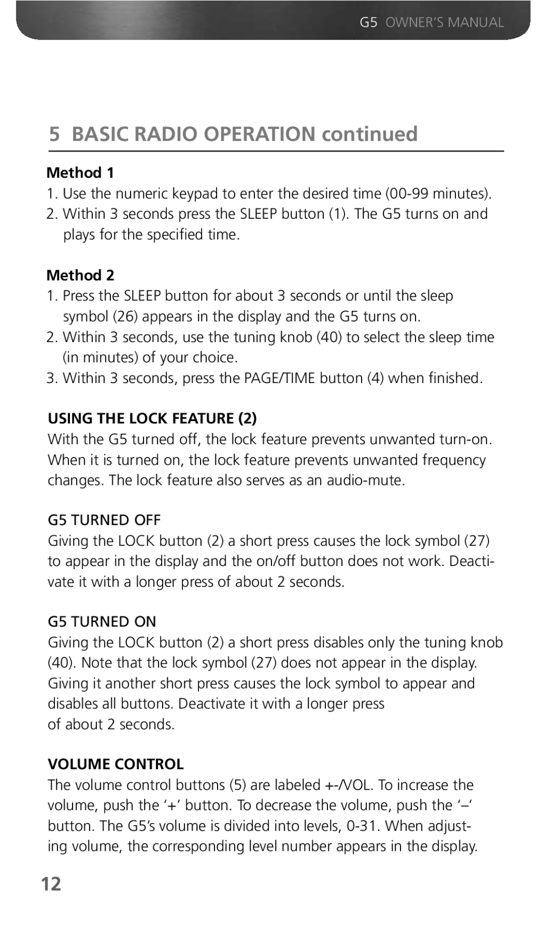 Eton G5 owner manual Basic Radio Operation, Method, Using the Lock Feature, Volume Control 