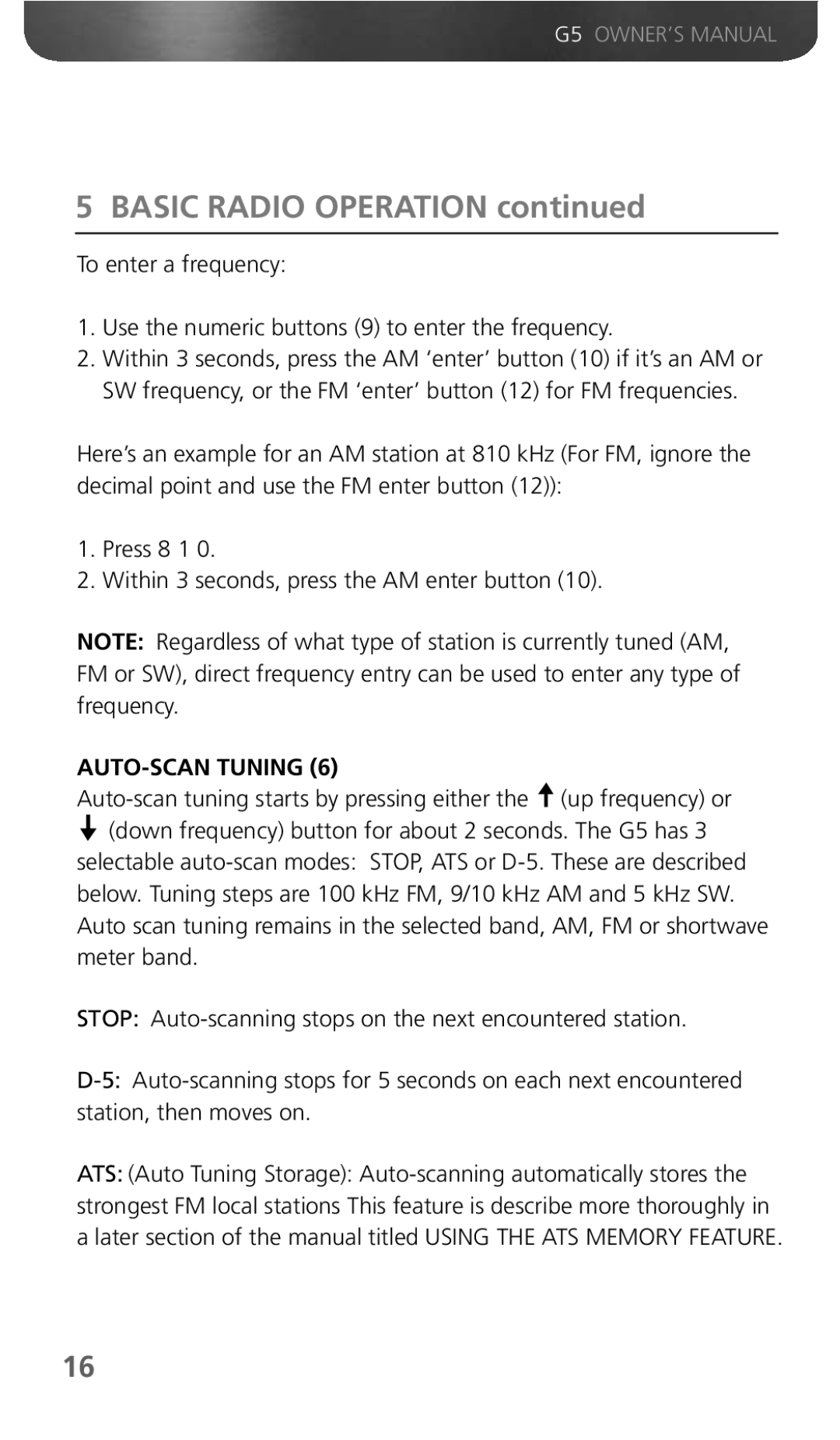 Eton G5 owner manual AUTO-SCAN Tuning 