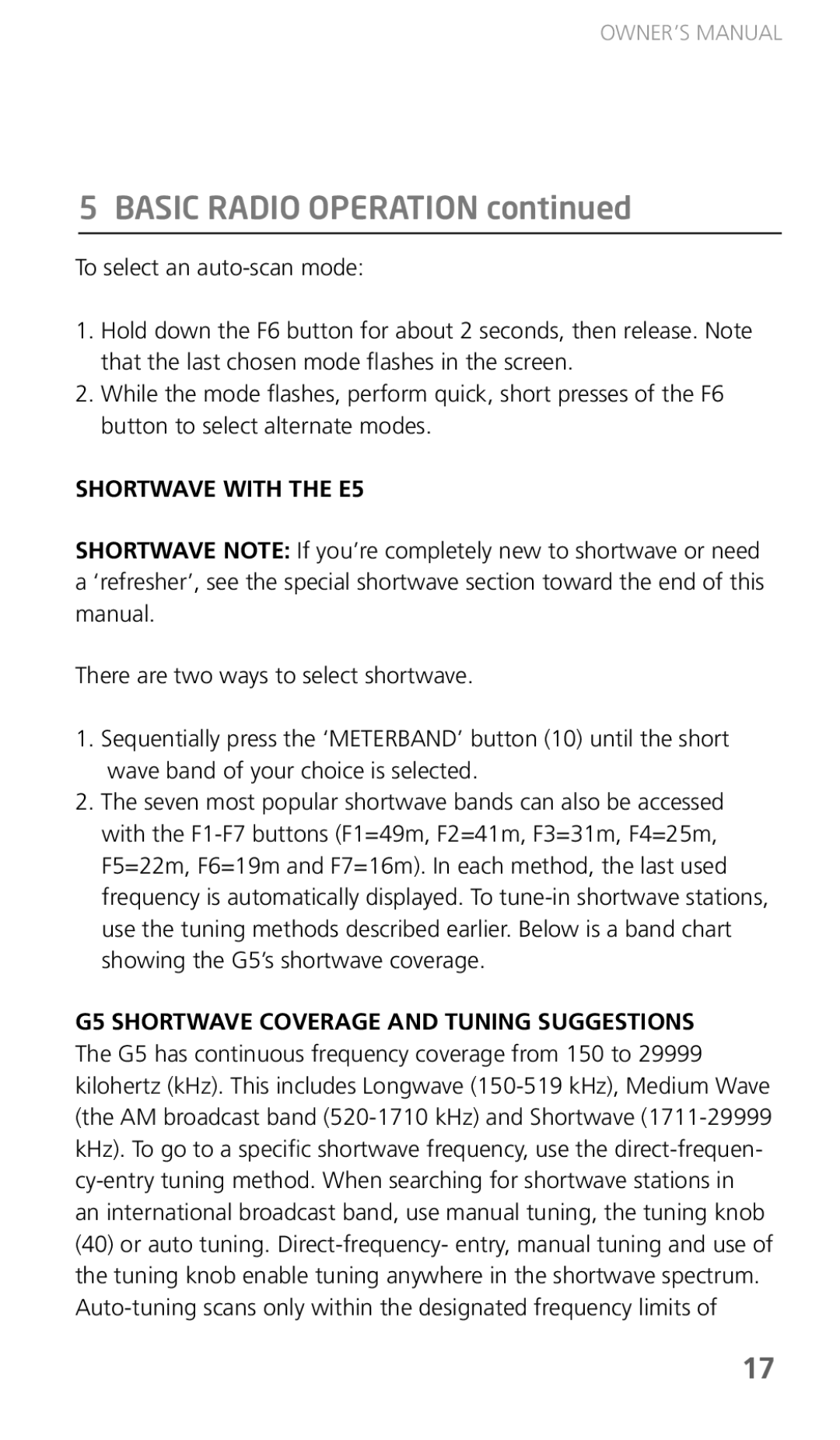 Eton G5 owner manual Basic Radio Operation, Shortwave with the E5 