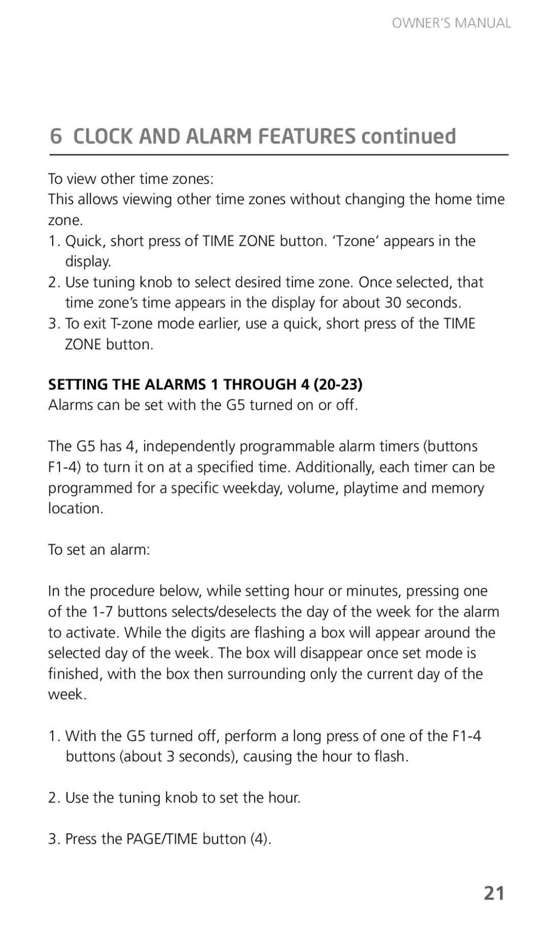 Eton G5 owner manual Clock and Alarm Features, Setting the Alarms 1 Through 4 