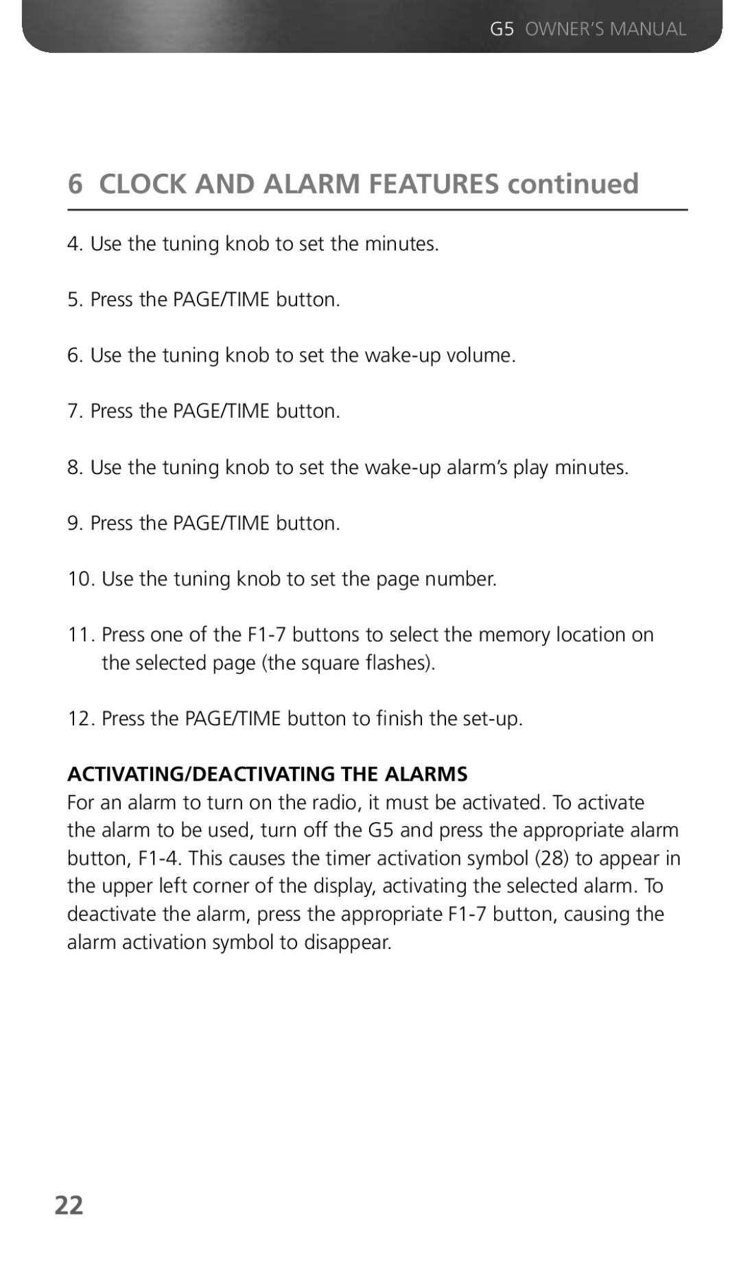 Eton G5 owner manual ACTIVATING/DEACTIVATING the Alarms 