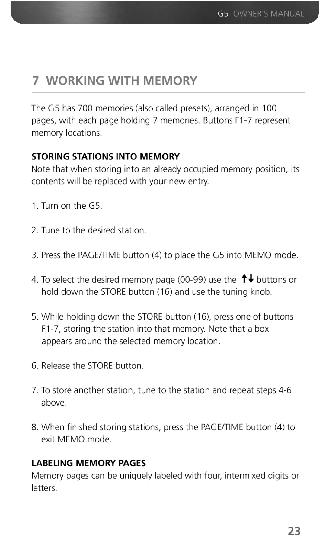 Eton G5 owner manual Working with Memory, Storing Stations Into Memory, Labeling Memory Pages 