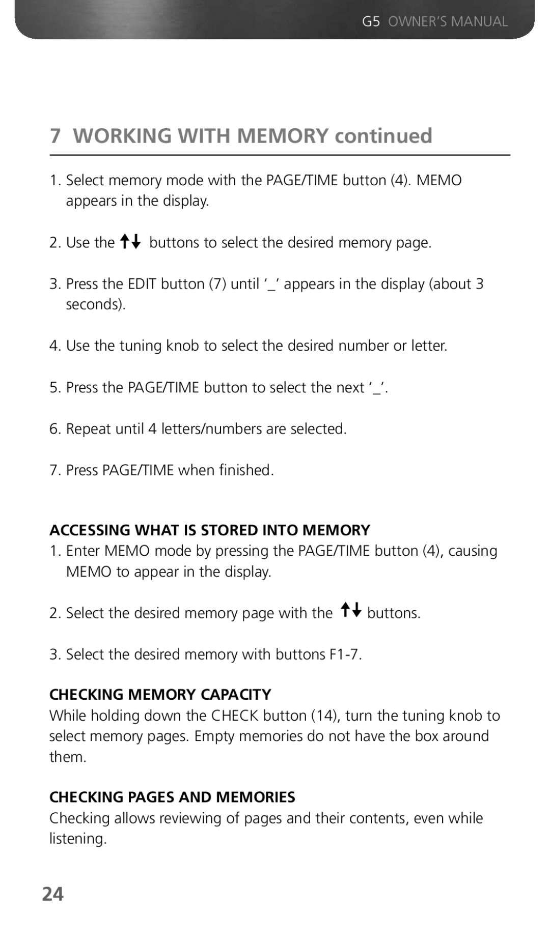 Eton G5 Working with Memory, Accessing What is Stored Into Memory, Checking Memory Capacity, Checking Pages and Memories 