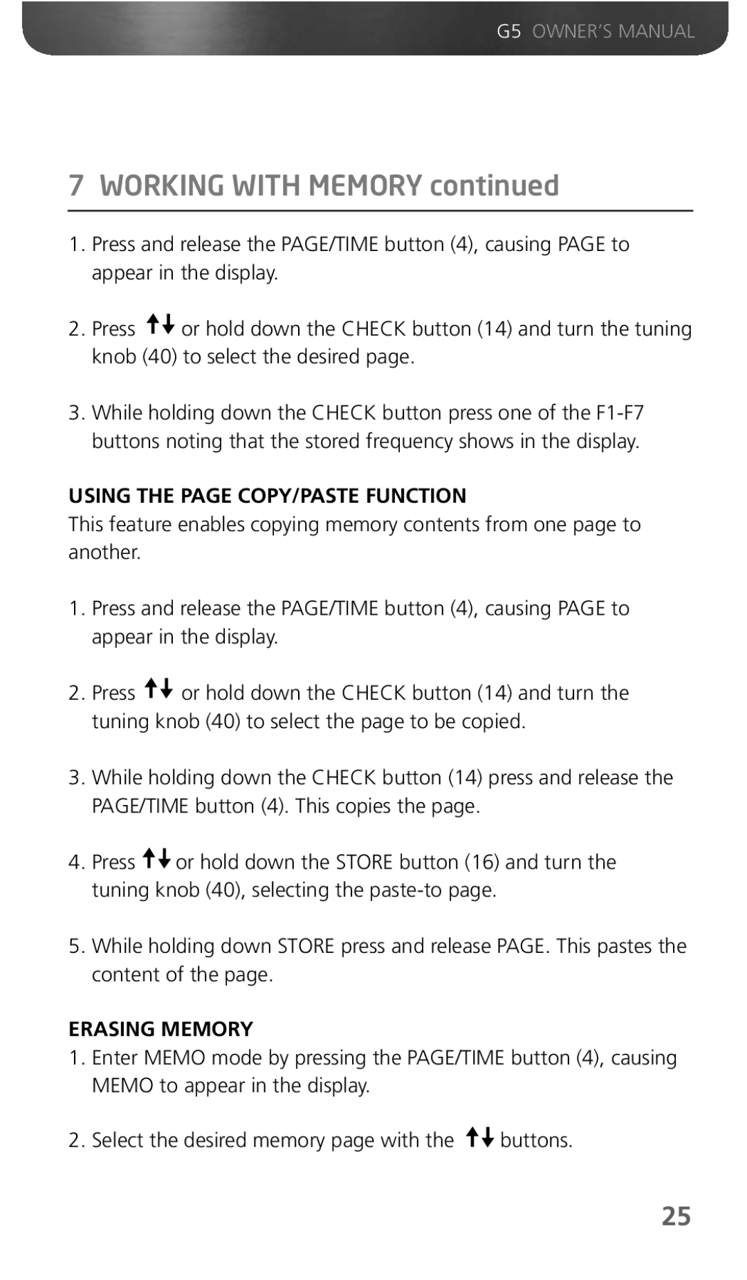 Eton G5 owner manual Using the page COPY/PASTE Function, Erasing Memory 